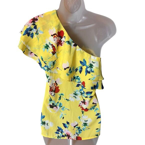 Rose & Olive Yellow Floral Ruffled Shoulder Blouse Sz Small Dopamine Colorful - Picture 8 of 8